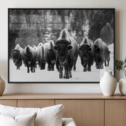 62434-MGV-FP-36X24-3P_Black-Bison Herd Wall Art – Majestic Black and White Buffalo Canvas Print, Wildlife Nature Photography Decor for Living Room, Office or