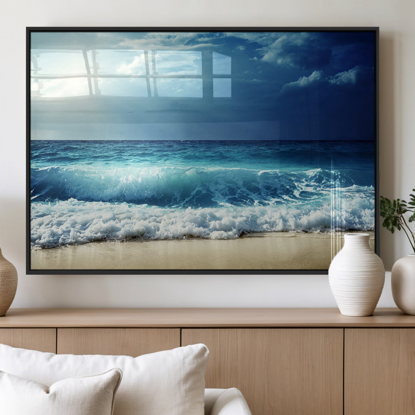 84116-MGV-FP-60X30-3P_Black-Ocean Wave Wall Art – Blue Sea and Beach Canvas Print, Coastal Seascape Photography Artwork for Living Room, Bedroom, or Office