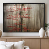 61855-MGV-FP-36X24-3P_Black-Misty Forest Wall Art – Red Tree with Autumn Leaves Canvas Print, Moody Woodland Nature Decor for Living Room, Bedroom, or Office