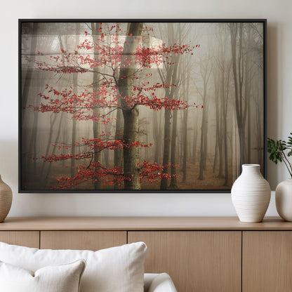 61855-MGV-FP-36X24-3P_Black-Misty Forest Wall Art – Red Tree with Autumn Leaves Canvas Print, Moody Woodland Nature Decor for Living Room, Bedroom, or Office
