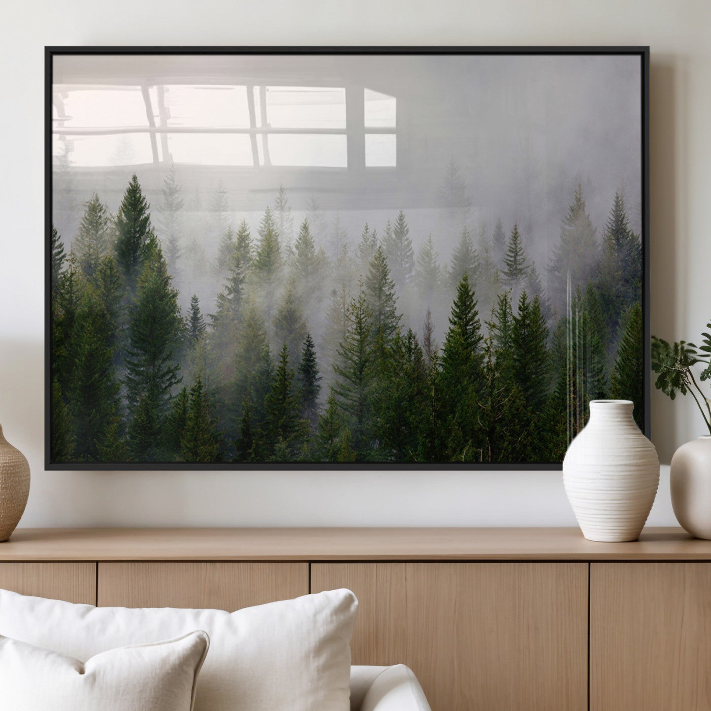 11436-MGV-FP-60X30-3P_Black-Misty Forest Wall Art – Tranquil Evergreen Tree Canvas Print with Foggy Landscape, Nature Inspired Artwork for Bedroom, Living