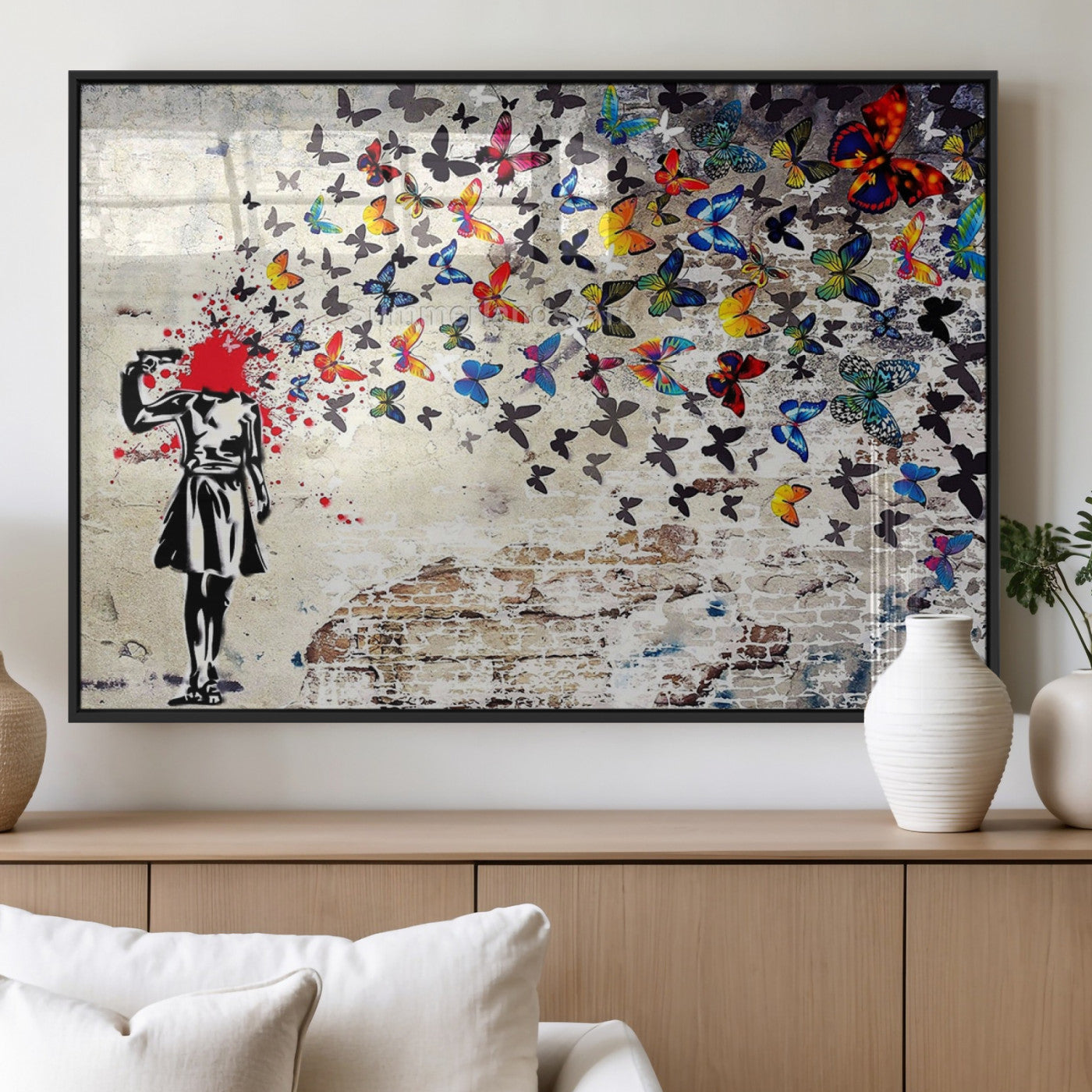 88654-MGV-FP-60X30-3P_Black-Butterfly Explosion Graffiti Wall Art – Street Art Canvas Print, Colorful Butterfly Spray Mural, Modern Abstract Urban Wall Decor
