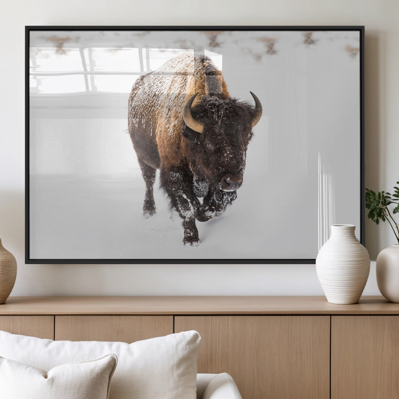 19889-MGV-FP-60X30-3P_Black-Snow Bison Wall Art – Majestic Buffalo Winter Landscape Canvas Print, Rustic Wildlife Photography Decor for Cabin, Lodge, Living