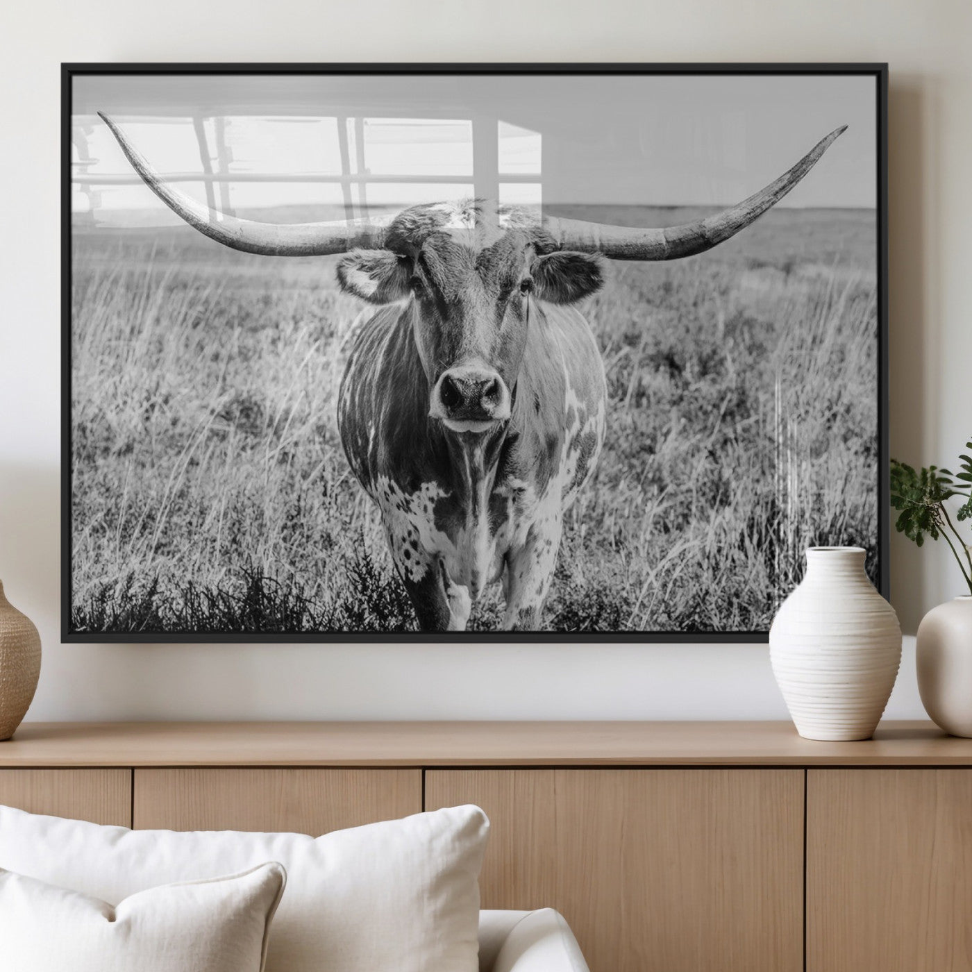 77320-MGV-FP-60X30-3P_Black-Texas Longhorn Wall Art – Black and White Western Cattle Canvas Print, Rustic Farmhouse Animal Photography Decor for Living Room,