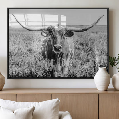 77320-MGV-FP-60X30-3P_Black-Texas Longhorn Wall Art – Black and White Western Cattle Canvas Print, Rustic Farmhouse Animal Photography Decor for Living Room,