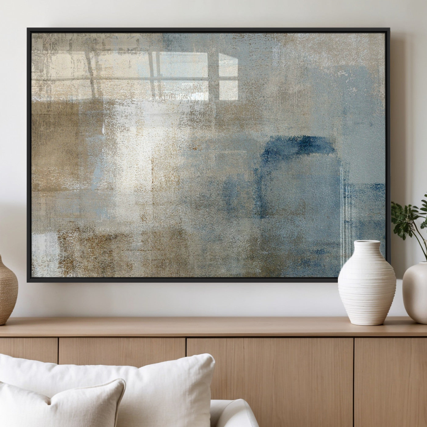 38126-MGV-FP-60X30-3P_Black-Neutral Abstract Wall Art – Modern Beige and Blue Canvas Print and Minimalist Textured Painting for Living Room, Bedroom or Office