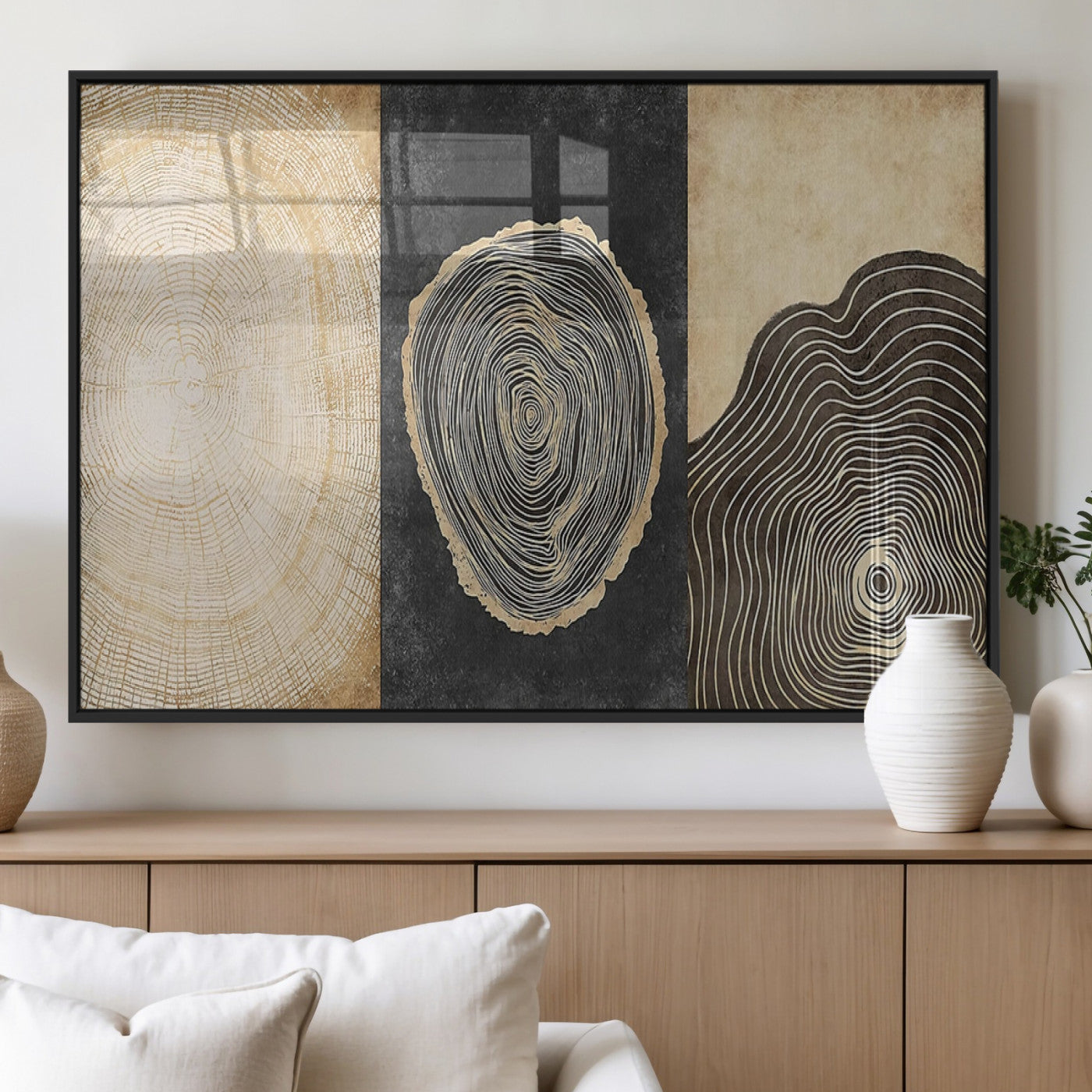 77785-MGV-FP-60X30-3P_Black-Tree Ring Abstract Wall Art – Rustic Wood Growth Pattern Canvas Prints, Modern Nature-Inspired Decor for Living Room or Office