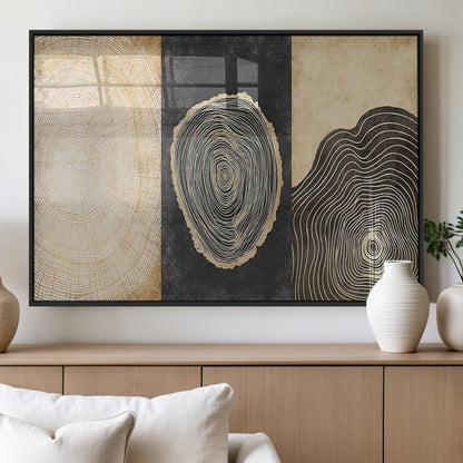 77785-MGV-FP-60X30-3P_Black-Tree Ring Abstract Wall Art – Rustic Wood Growth Pattern Canvas Prints, Modern Nature-Inspired Decor for Living Room or Office