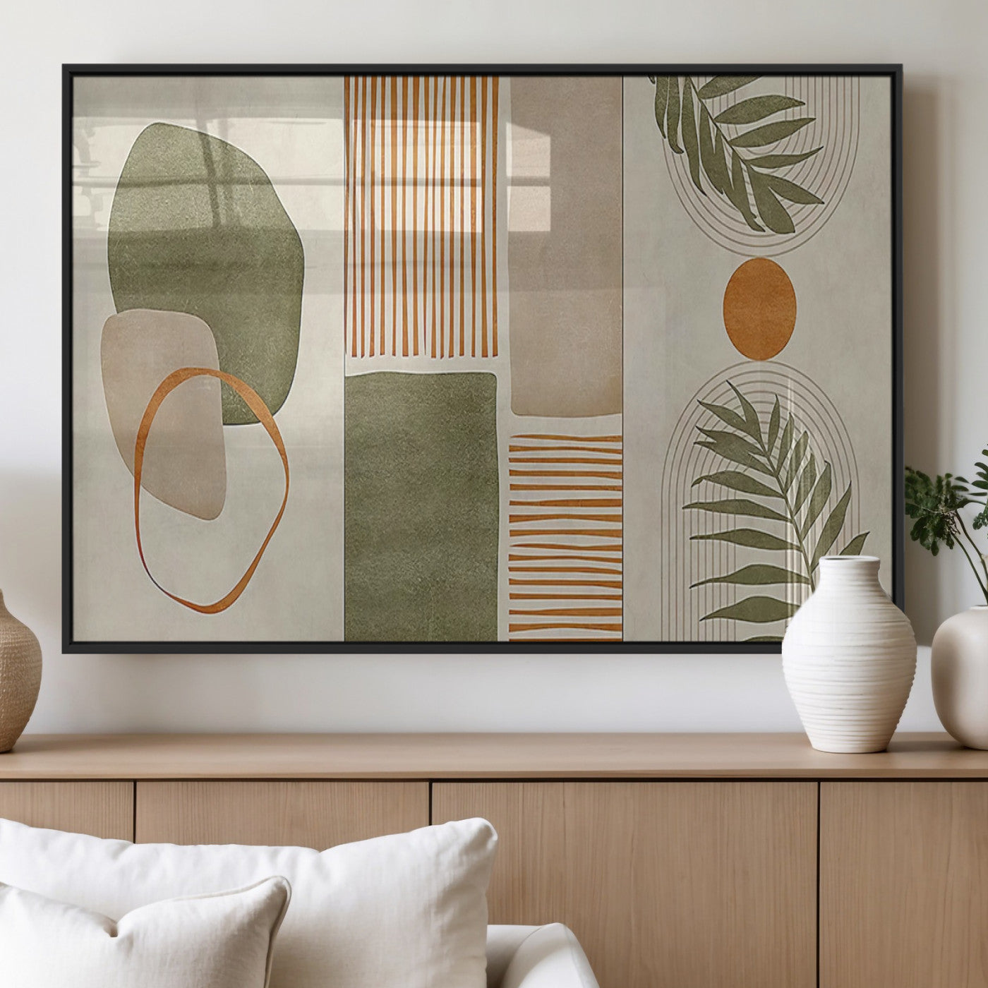 96002-MGV-FP-36X24-3P_Black-Abstract Geometric Wall Art – Modern Canvas Print with Green, Orange & Beige Shapes, Minimalist Home Decor for Living Room, Office