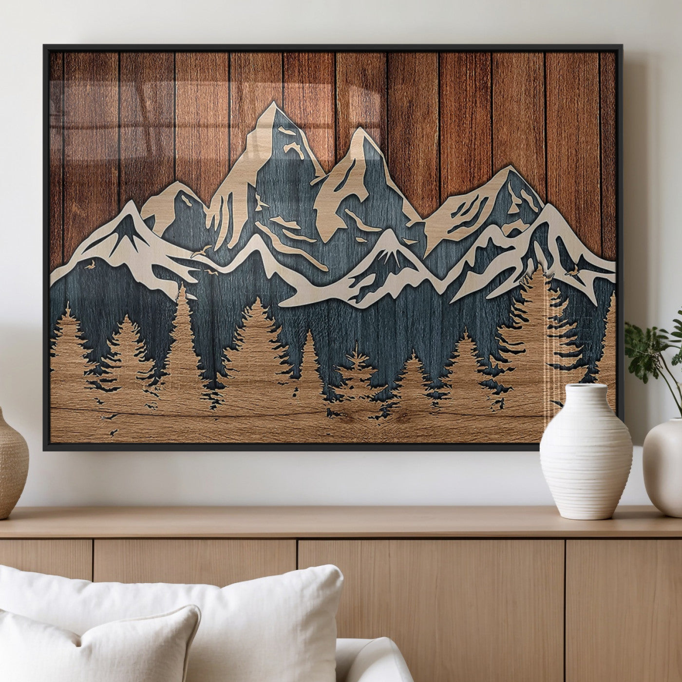 41330-MGV-FP-60X30-3P_Black-Rustic Mountain Wall Art – Wooden Nature Scene with Trees and Peaks, Handmade 3D Layered Decor for Living Room, Cabin or Office