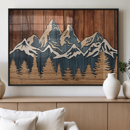 41330-MGV-FP-60X30-3P_Black-Rustic Mountain Wall Art – Wooden Nature Scene with Trees and Peaks, Handmade 3D Layered Decor for Living Room, Cabin or Office