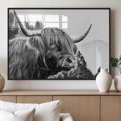 61570-MGV-FP-36X24-3P_Black-Highland Cow Wall Art – Black and White Scottish Bull Canvas Print, Rustic Farmhouse Animal Decor for Living Room, Bedroom, or