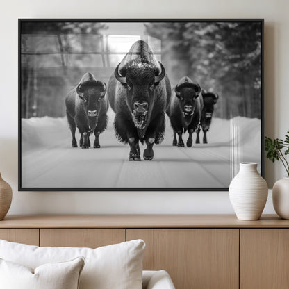45287-MGV-FP-36X24-3P_Black-Bison Herd Wall Art – Black and White Buffalo Snow Road Canvas Print, Rustic Wildlife Decor for Cabin, Lodge or Living Room
