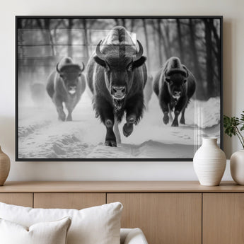 97552-MGV-FP-60X30-3P_Black-Black and White Bison Wall Art – Buffalo Herd Running in Snow Canvas Print, Rustic Wildlife Photography Decor for Cabin, Lodge, or