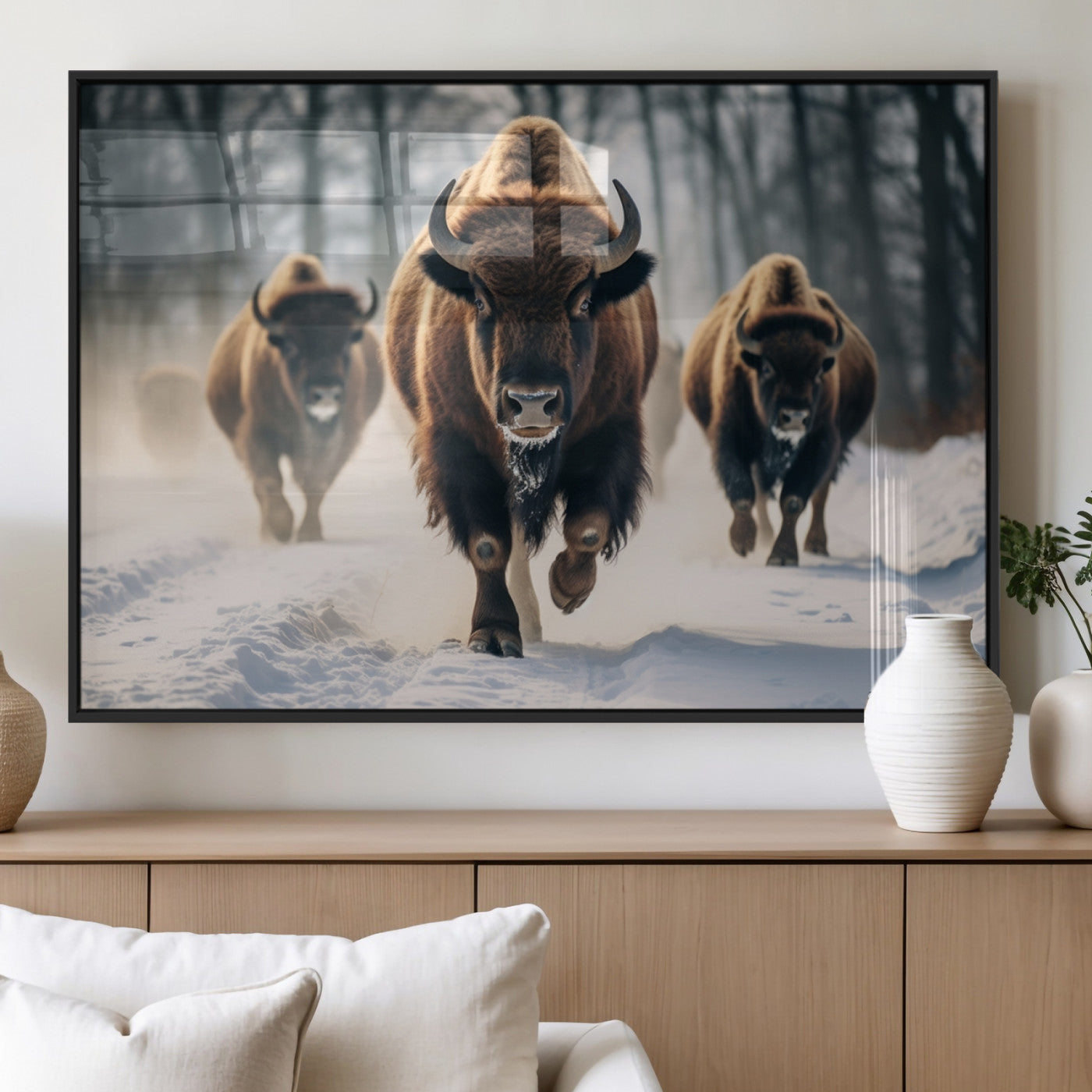 56549-MGV-FP-60X30-3P_Black-Wild Bison Wall Art – Majestic Buffalo Herd Running in Snow Canvas Print, Rustic Wildlife Photography Decor for Cabin, Lodge, or