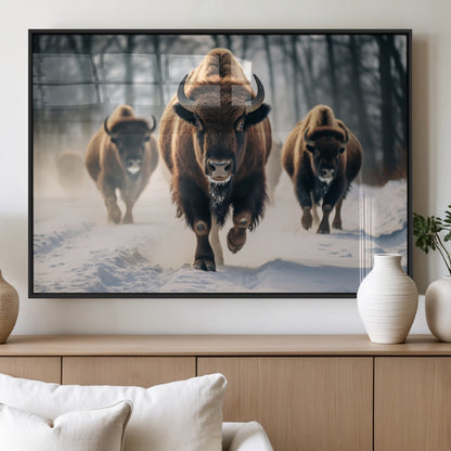 56549-MGV-FP-60X30-3P_Black-Wild Bison Wall Art – Majestic Buffalo Herd Running in Snow Canvas Print, Rustic Wildlife Photography Decor for Cabin, Lodge, or