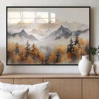 70049-MGV-FP-36X24-3P_Black-Autumn Mountain Forest Wall Art – Misty Landscape Canvas Print, Rustic Nature Inspired Decor for Living Room, Bedroom or Office
