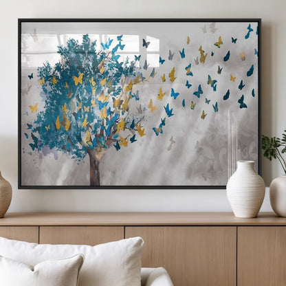 37564-MGV-FP-36X24-3P_Black-Butterfly Tree Wall Art – Modern Nature Canvas Print with Blue and Golden Butterflies, Elegant Decorative Painting for Living Room