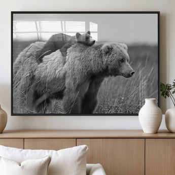 76338-MGV-FP-36X24-3P_Black-Mother Bear and Cub Wall Art – Black and White Wildlife Canvas Print, Rustic Nature Photography for Cabin, Living Room or Office