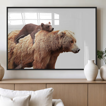 76943-MGV-FP-36X24-3P_Black-Mom Bear Wall Art Canvas Print, Framed Bear Photography Art Picture Print, Rustic Bear and Cub Perfect Rustic Farmhouse Decor