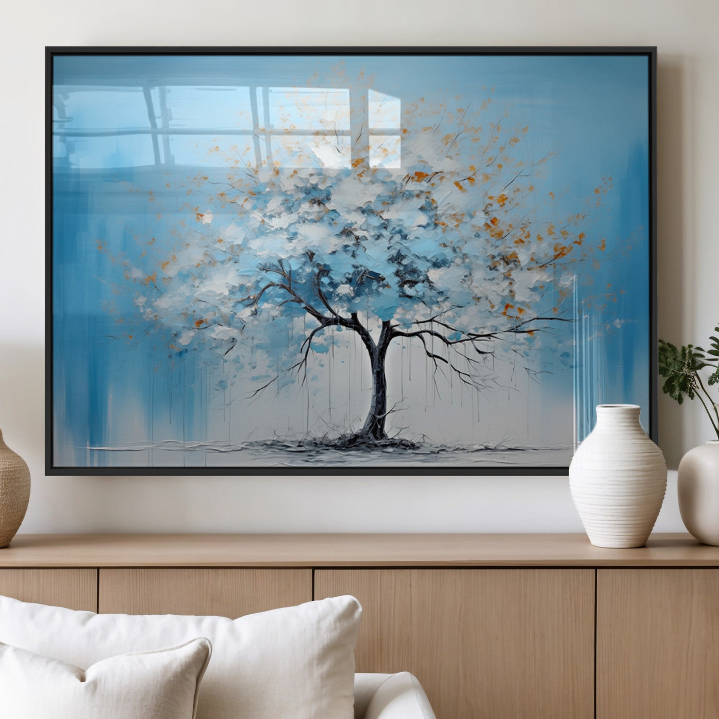 25021-MGV-FP-36X24-3P_Black-Abstract Tree Wall Art – Blue and White Canvas Painting with Gold Accents, Modern Nature-Inspired Artwork for Living Room, Bedroom