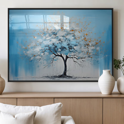 25021-MGV-FP-36X24-3P_Black-Abstract Tree Wall Art – Blue and White Canvas Painting with Gold Accents, Modern Nature-Inspired Artwork for Living Room, Bedroom