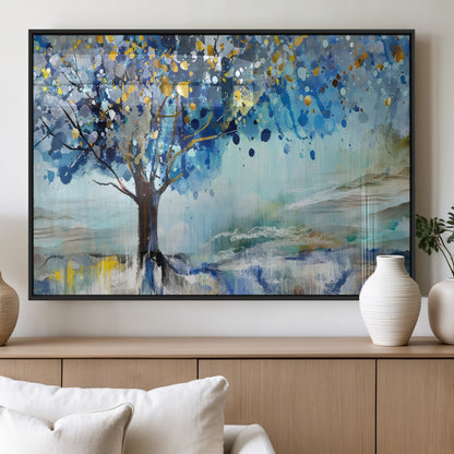 17018-MGV-FP-36X24-3P_Black-Abstract Blue Tree Wall Art – Colorful Canvas Painting with Gold and Silver Accents, Modern Nature Artwork for Living Room,