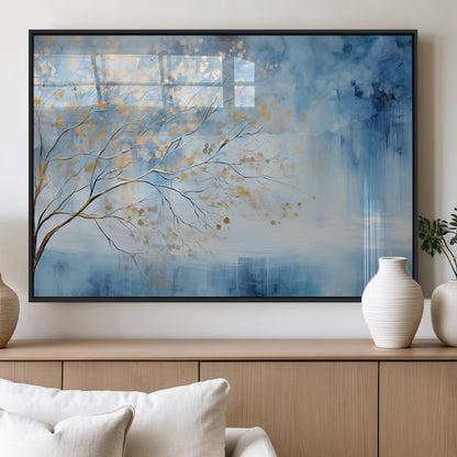 23891-MGV-FP-36X24-3P_Black-Abstract Tree Wall Art – Minimalist Blue and Gold Canvas Painting, Elegant Nature-Inspired Artwork for Living Room, Bedroom or