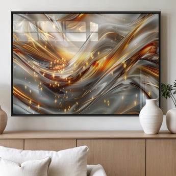Lines1-MGV-FP-36X24-3P_Black-Abstract Metallic Wall Art – Silver and Gold Wave Canvas Print with Sparkling Accents, Modern Luxury Decor for Living Room, Office