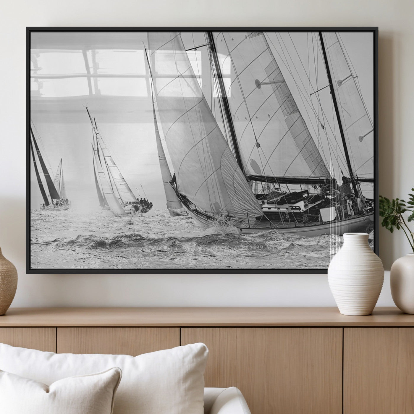 Boat-1-MGV-FP-36X24-3P_Black-Sailboat Racing Wall Art – Nautical Black and White Canvas Print, Ocean Adventure Decor for Office, Living Room or Bedroom