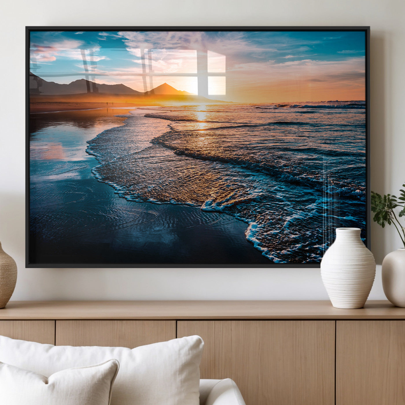 26494-MGV-FP-36X24-3P_Black-Ocean Sunset Wall Art – Scenic Beach Canvas Print with Waves and Mountains, Coastal Seascape Photography for Living Room, Bedroom