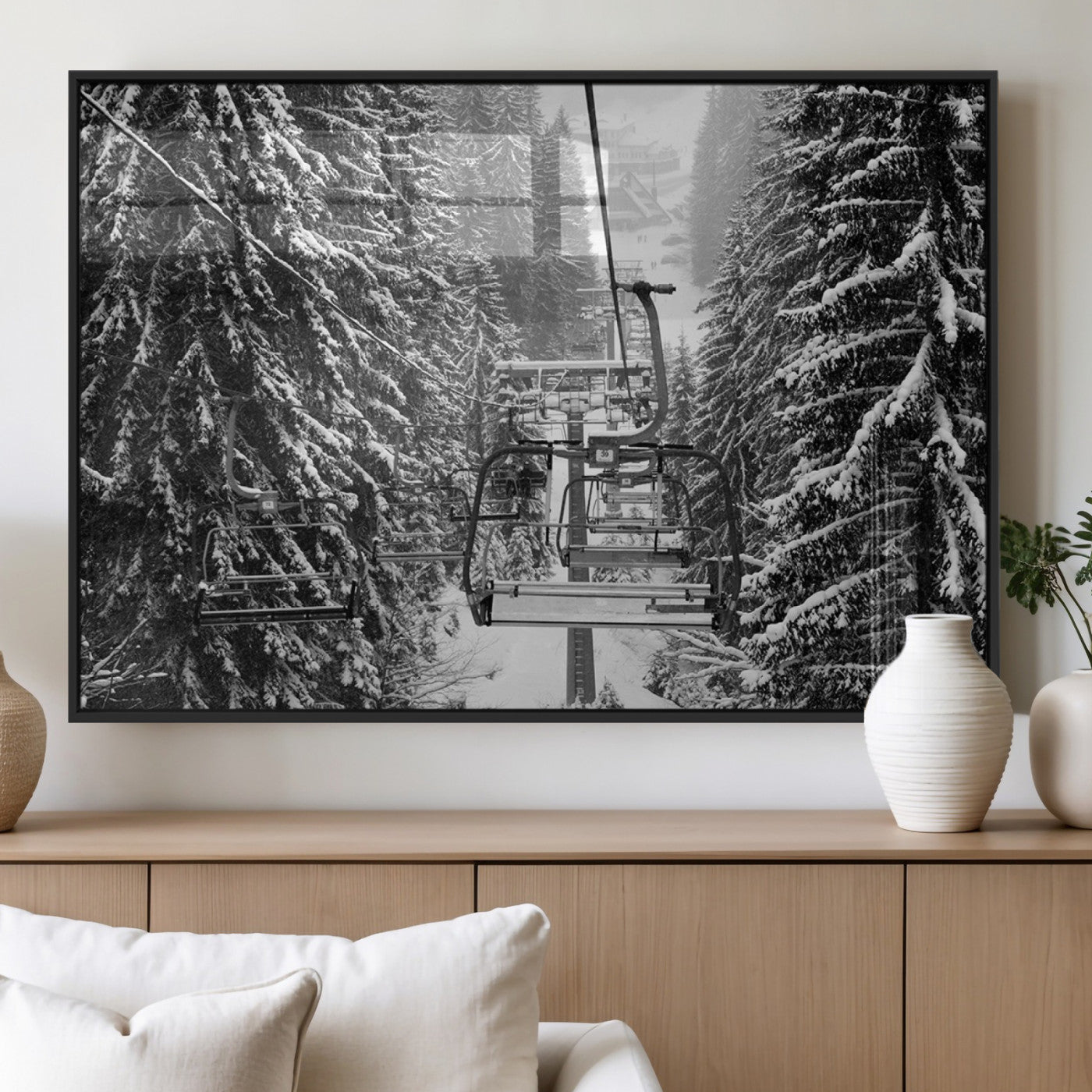 19240-MGV-FP-36X24-3P_Black-Ski Lift Wall Art – Black and White Winter Mountain Canvas Print, Snowy Forest Ski Resort Photography for Cabin, Lodge, Office or