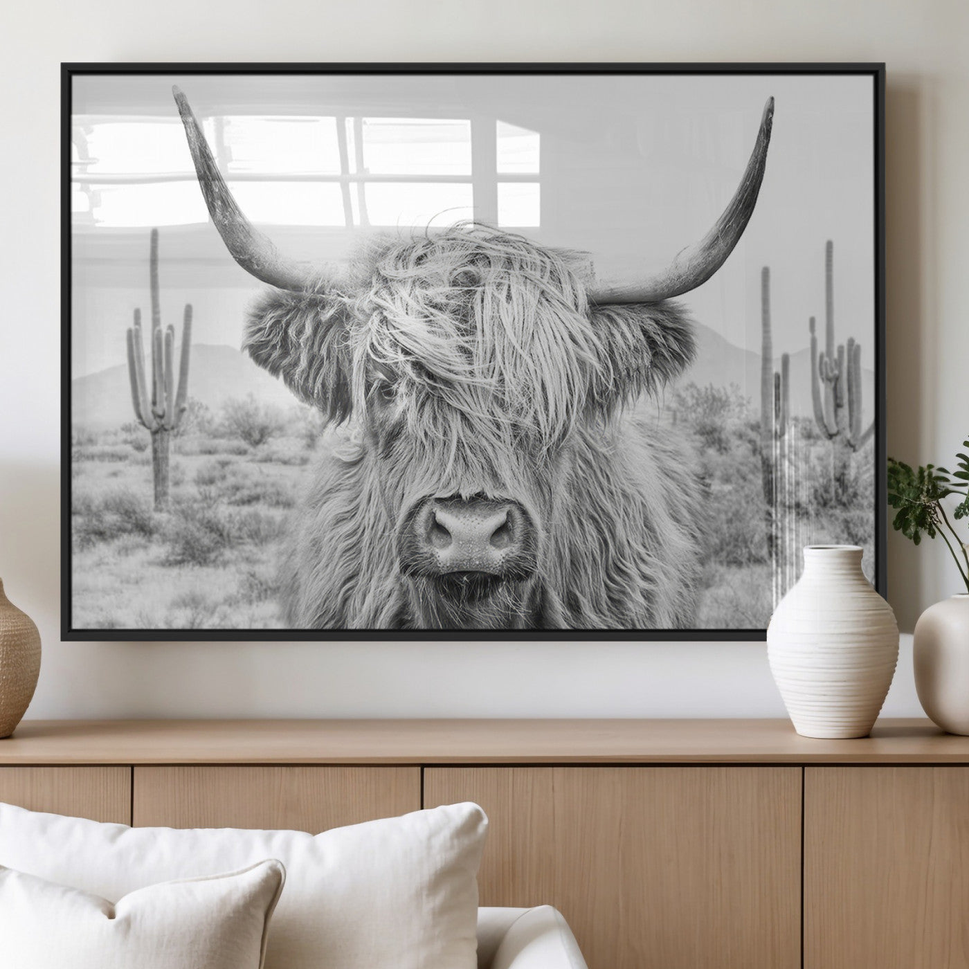 94579-MGV-FP-36X24-3P_Black-Highland Cow Wall Art – Black and White Longhorn Canvas Print, Rustic Western Farmhouse Animal Photography for Living Room,
