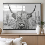 94579-MGV-FP-36X24-3P_Black-Highland Cow Wall Art – Black and White Longhorn Canvas Print, Rustic Western Farmhouse Animal Photography for Living Room,