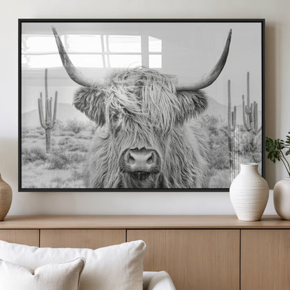 94579-MGV-FP-36X24-3P_Black-Highland Cow Wall Art – Black and White Longhorn Canvas Print, Rustic Western Farmhouse Animal Photography for Living Room,
