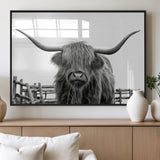 58188-MGV-FP-36X24-3P_Black-Highland Cow Wall Art – Black and White Rustic Farmhouse Canvas Print, Longhorn Cattle Photography Decor for Living Room or