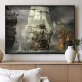 26512-MGV-FP-36X24-3P_Black-Naval Battle Wall Art – Dramatic Tall Ship Canvas Print, Historic Pirate Sailing War Scene, Nautical Decor for Office, Study or