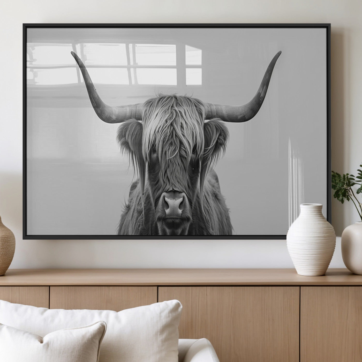 35820-MGV-FP-36X24-3P_Black-Minimalist Highland Cow Wall Art – Black and White Longhorn Cattle Canvas Print, Modern Farmhouse Animal Photography Decor for