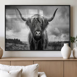 17924-MGV-FP-36X24-3P_Black-Highland Cow Wall Art – Black and White Rustic Longhorn Cattle Canvas Print, Farmhouse Animal Photography Decor for Country Home