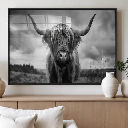 17924-MGV-FP-36X24-3P_Black-Highland Cow Wall Art – Black and White Rustic Longhorn Cattle Canvas Print, Farmhouse Animal Photography Decor for Country Home