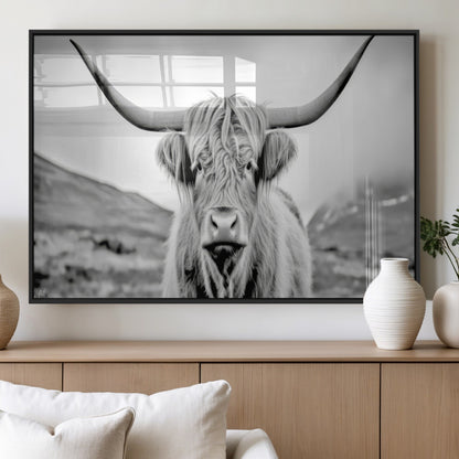 80564-MGV-FP-36X24-3P_Black-Highland Cow Wall Art – Black and White Scottish Highland Canvas Print, Rustic Farmhouse Decor for Living Room, Bedroom or Office