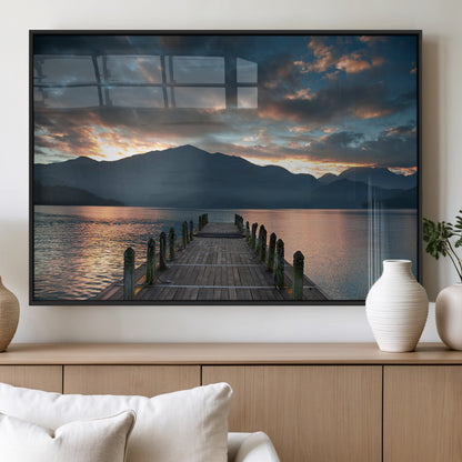 20442-MGV-FP-36X24-3P_Black-Lakeside Sunset Dock Wall Art – Peaceful Mountain Lake Canvas Print, Serene Nature Landscape Decor for Living Room, Bedroom or
