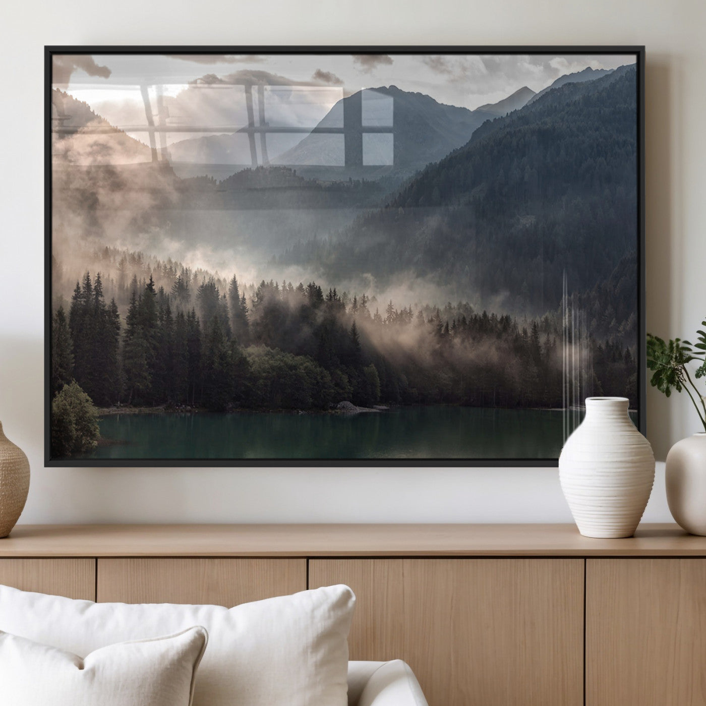 61116-MGV-FP-36X24-3P_Black-Misty Mountain Lake Wall Art – Tranquil Foggy Forest and Lake Canvas Print, Scenic Nature Landscape Decor for Living Room or