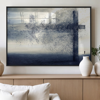 55718-MGV-FP-36X24-3P_Black-Surreal Cross Wall Art – Spiritual Faith Canvas Print, Abstract Christian Artwork with Modern Religious Symbol for Living Room,