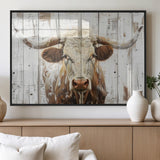 71551-MGV-FP-36X24-3P_Black-Longhorn Bull Wall Art – Rustic Western Cow Canvas Print, Farmhouse Animal Painting with Wood Plank Style for Living Room, Office