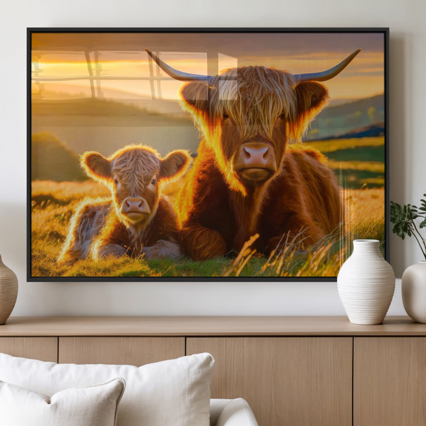 20567-MGV-FP-36X24-3P_Black-Highland Cow and Calf Wall Art – Rustic Farmhouse Sunset Cattle Canvas Print, Country Animal Artwork for Living Room, Bedroom, or