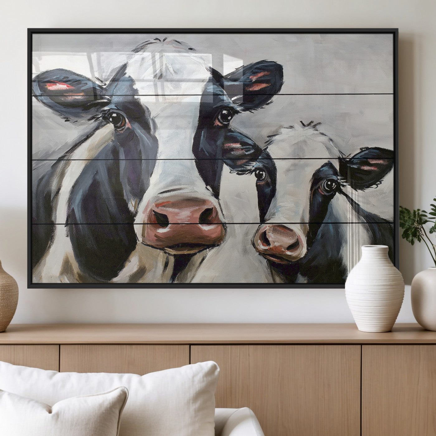 28934-MGV-FP-36X24-3P_Black-Farmhouse Cow Wall Art – Rustic Black and White Dairy Cattle Canvas Print, Country Barn Animal Painting for Kitchen, Living Room