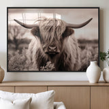 55903-MGV-FP-36X24-3P_Black-Highland Cow Wall Art – Rustic Sepia Scottish Highland Bull Canvas Print, Farmhouse Country Animal Decor for Living Room, Bedroom