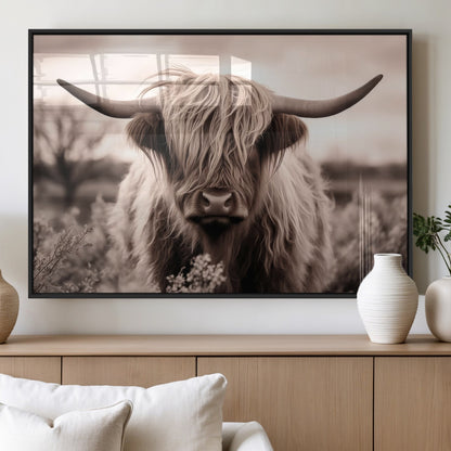 55903-MGV-FP-36X24-3P_Black-Highland Cow Wall Art – Rustic Sepia Scottish Highland Bull Canvas Print, Farmhouse Country Animal Decor for Living Room, Bedroom