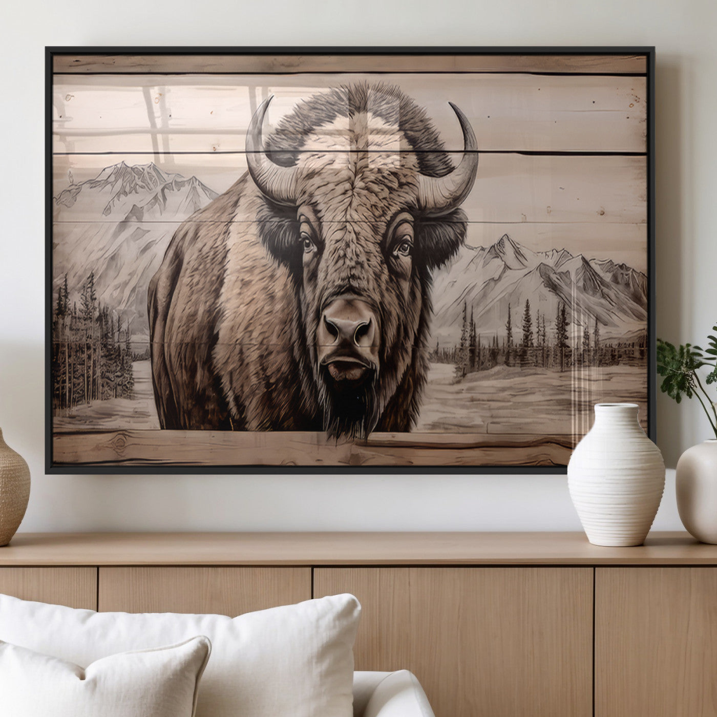 77225-MGV-FP-36X24-3P_Black-Rustic Bison Wall Art Canvas Print, Framed American Buffalo Art Picture Print, Vintage Wood Bison Perfect Rustic Decor Artwork